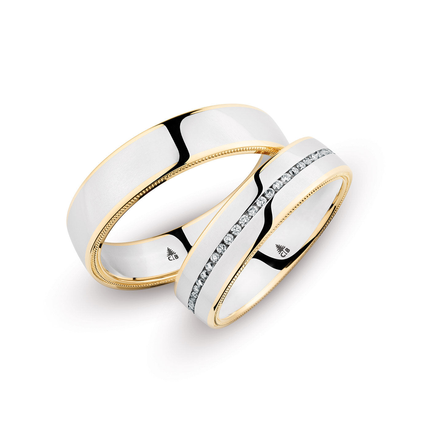 Trauringe - Bicolor in Platin und Gold mit Diamanten (0,23 ct.) im Milgrain-Design