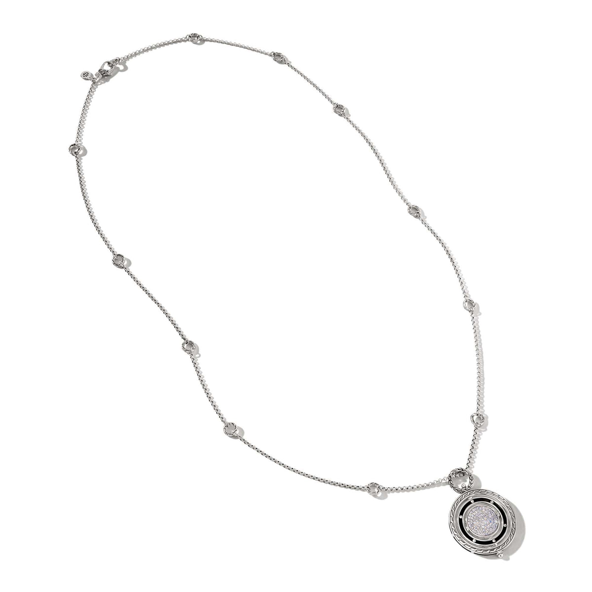 John Hardy Classic Chain Mondstein-Collier Sterling Silber 925 – Frontansicht liegend, rotierendes Kreismedaillon mit pavé-Mondsteinen