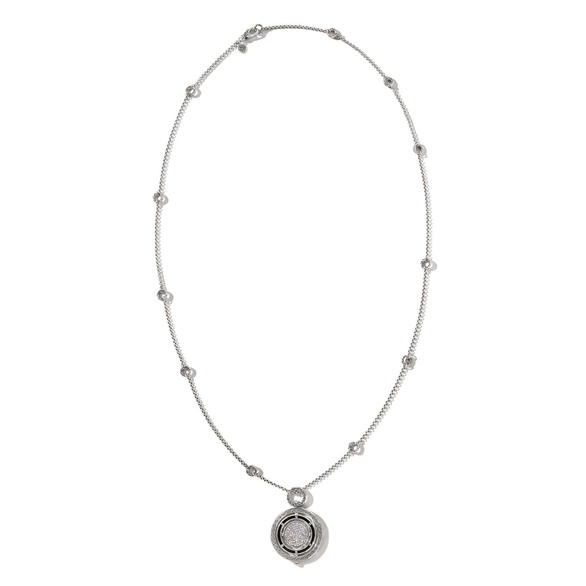 John Hardy Mondstein-Collier Sterling Silber – Overhead-Ansicht, Box-Kette mit Rondellen-Elementen und kreisförmigem Anhänger