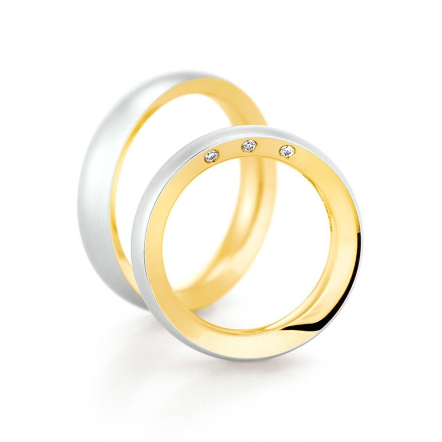 Trauringe - Platin & Gold mit drei Diamanten (0,03 ct.) im Trapezprofil